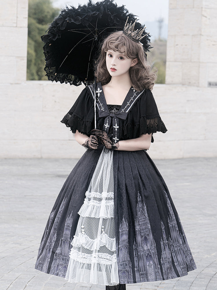 Church Print Black & White Lolita Dress YOU0057