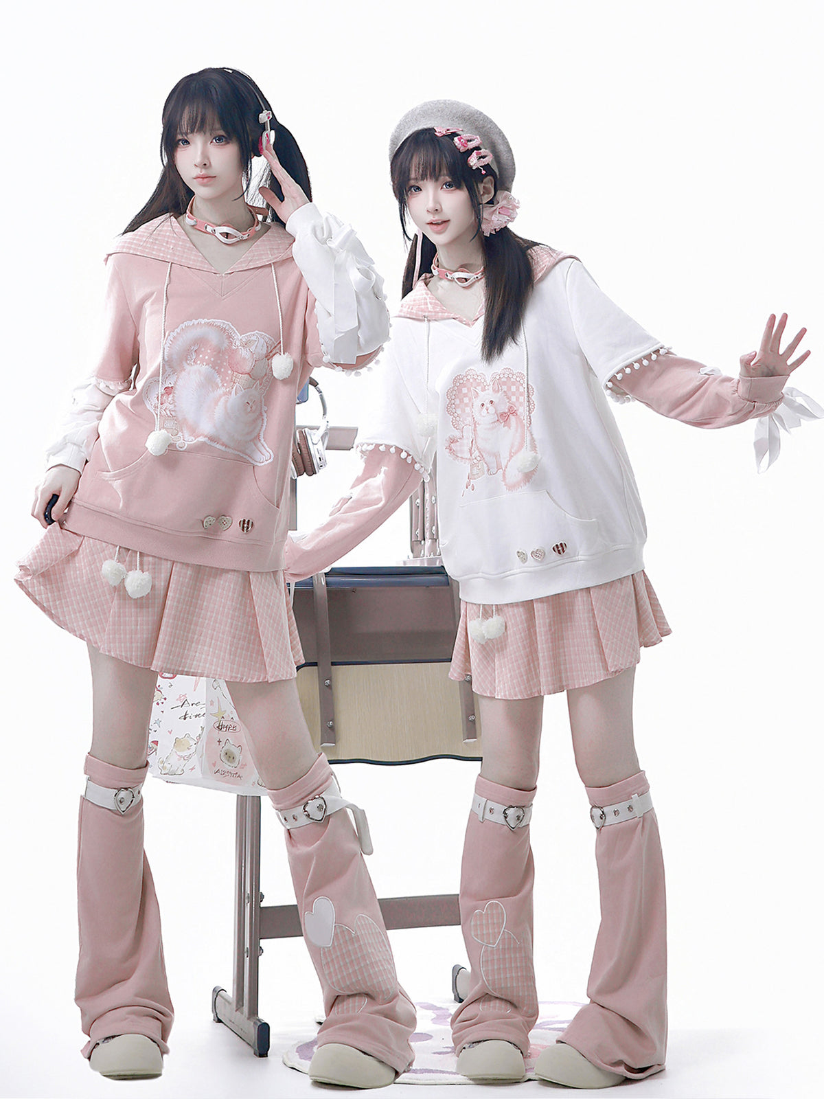 Heart Bow Cat Print Hoodie With Pleated Skirt YOU0315