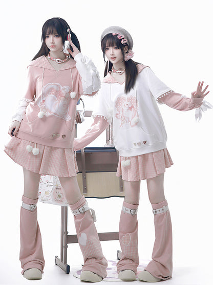 Heart Bow Cat Print Hoodie With Pleated Skirt YOU0315