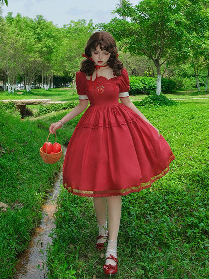 Apple Embroidery Red Mid-Length Dress WIT0148