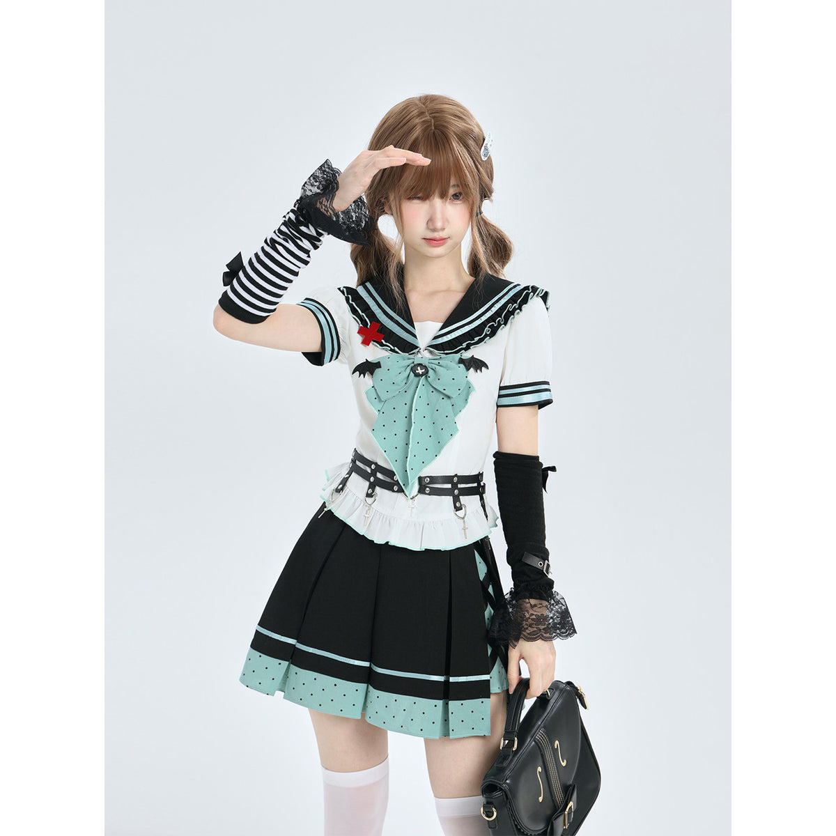 Mint And Black Sailor Collar Bow Blouse LAL0214