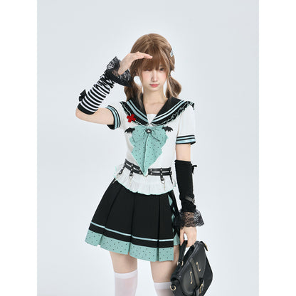 Mint And Black Sailor Collar Bow Blouse LAL0214
