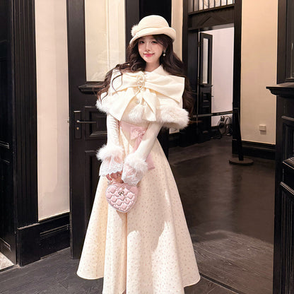 Sweet Bow Fur-Trim Cape Dress Set BEL0024