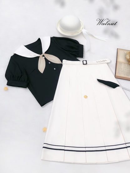 College Style Sailor Neck French Two-piece Set HUT0054