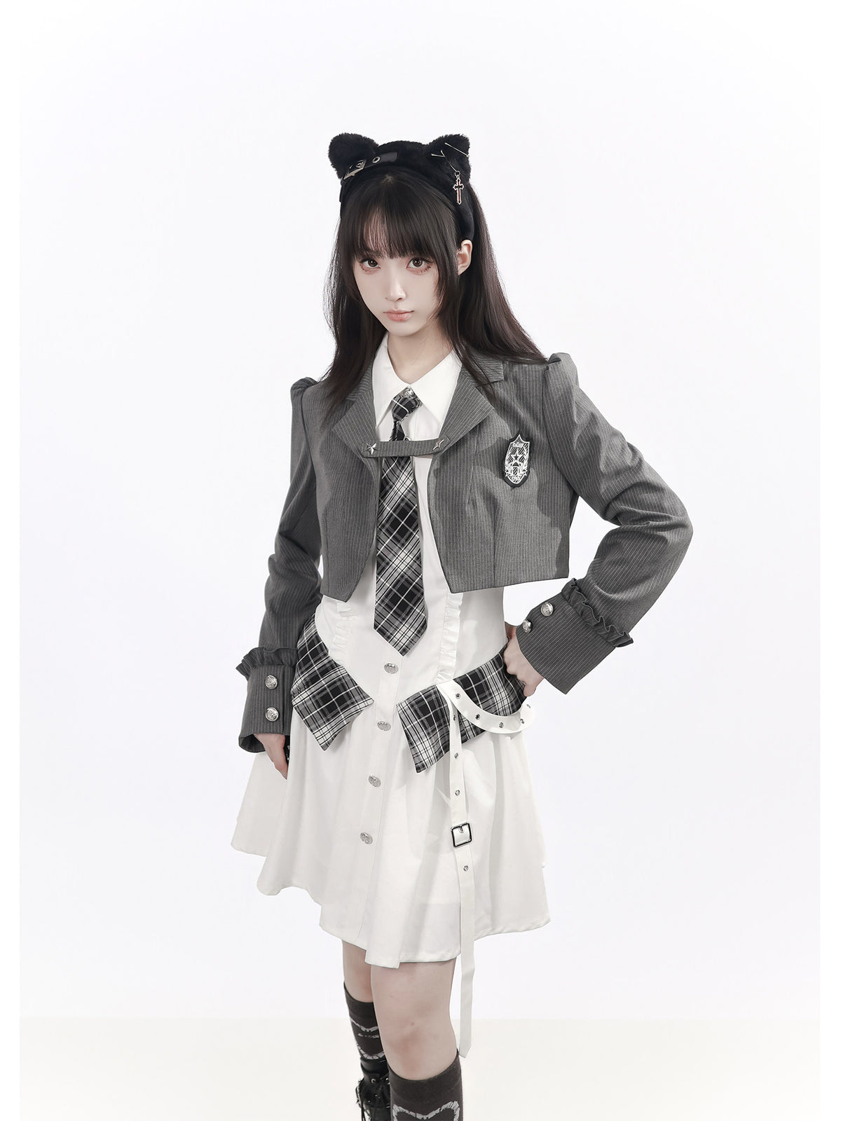 Plaid Tie Long Sleeve Shirt Dress PIN0061