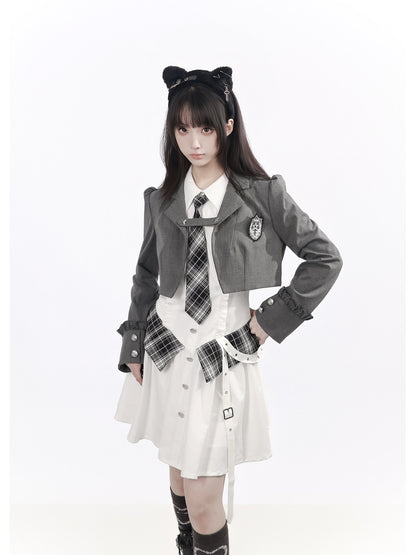 Plaid Tie Long Sleeve Shirt Dress PIN0061