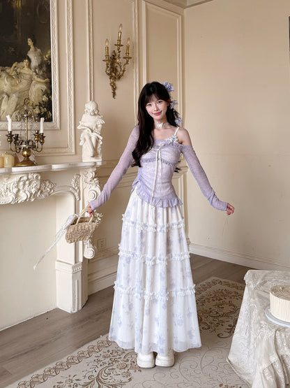 Floral Lace Cardigan Tiered Skirt Set BEL0016