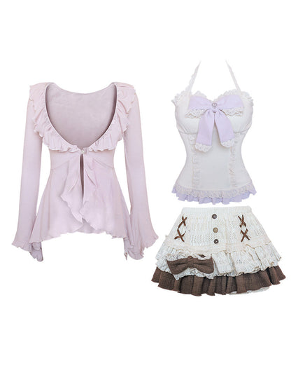 Sweet Bow Knit Cardigan Cake Skirt Set SER0141