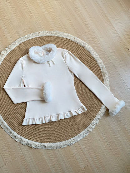 Fur Trim Ruffle Hem Knit Top WIT0299