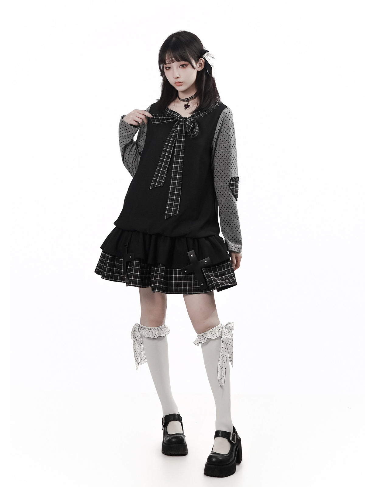 Plaid Puff Sleeve Gothic Tiered Dress PIN0026