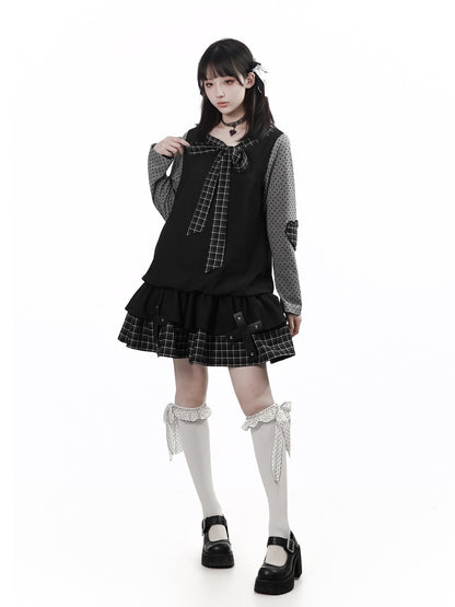 Plaid Puff Sleeve Gothic Tiered Dress PIN0026