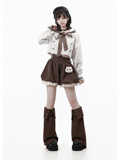 Sailor Collar Striped Shirt And Bloomer Skirt PIN0043