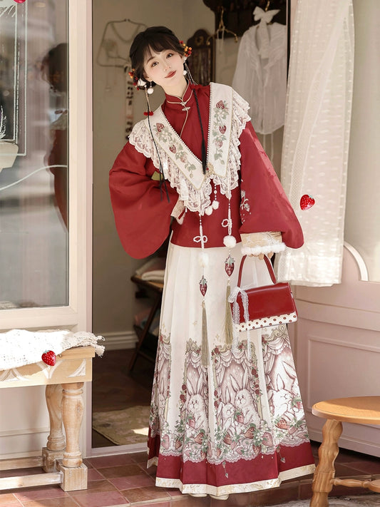 Strawberry and Bunny Chinese-Style Shawl Red Long Sleeve Dress YOU0188