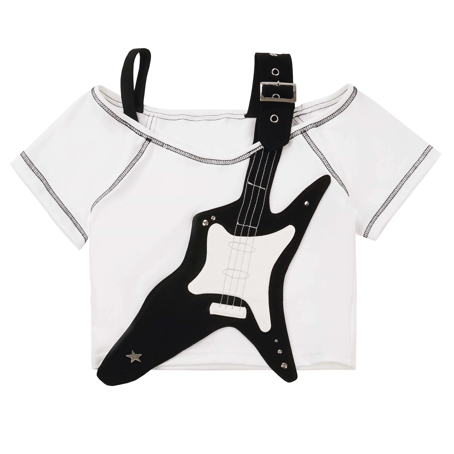 Guitar Style Off-shoulder shirt & Check skirt PIN0018