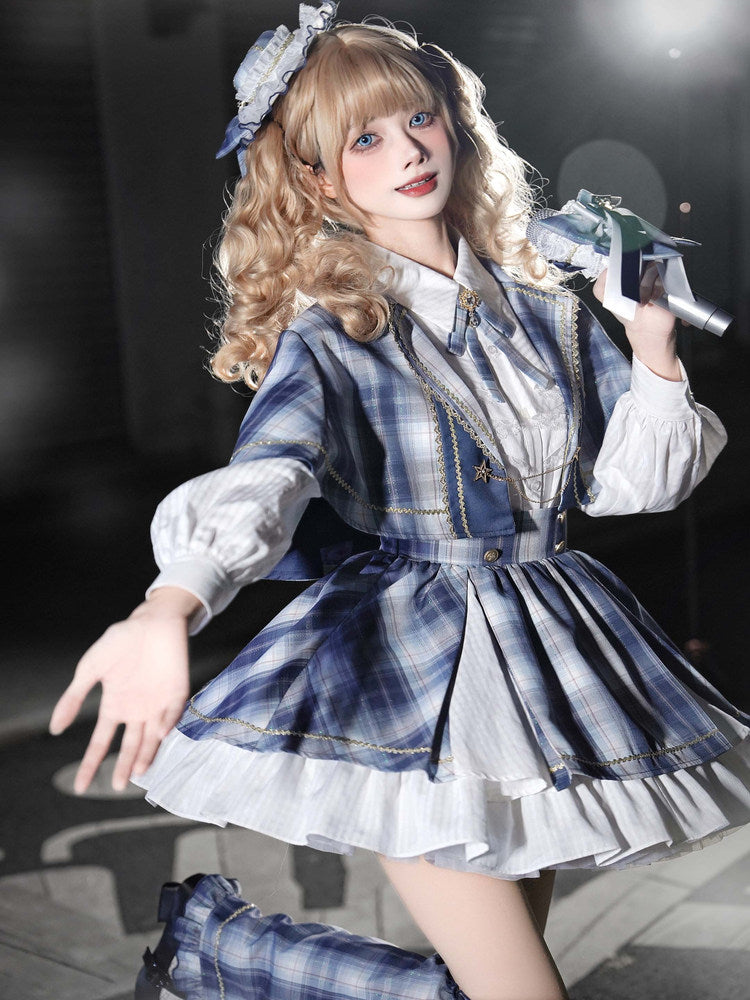 Plaid Cape Bow Blouse With Tiered Skirt LAL0167