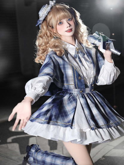 Plaid Cape Bow Blouse With Tiered Skirt LAL0167