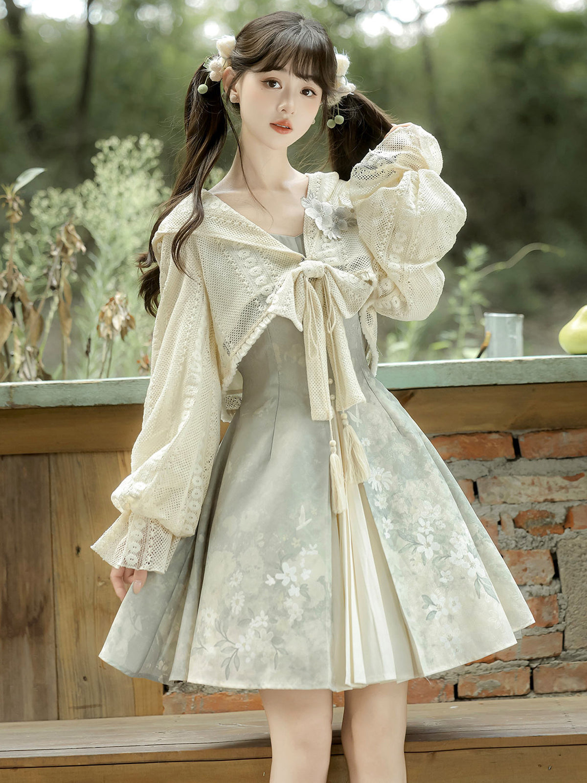 Chinese Style Hooded Top And Floral Dress Set YOU0313