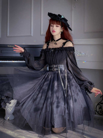 Dark Angel Goth Girl Lantern Long Sleeve One-Line Collar Dress YOU0136