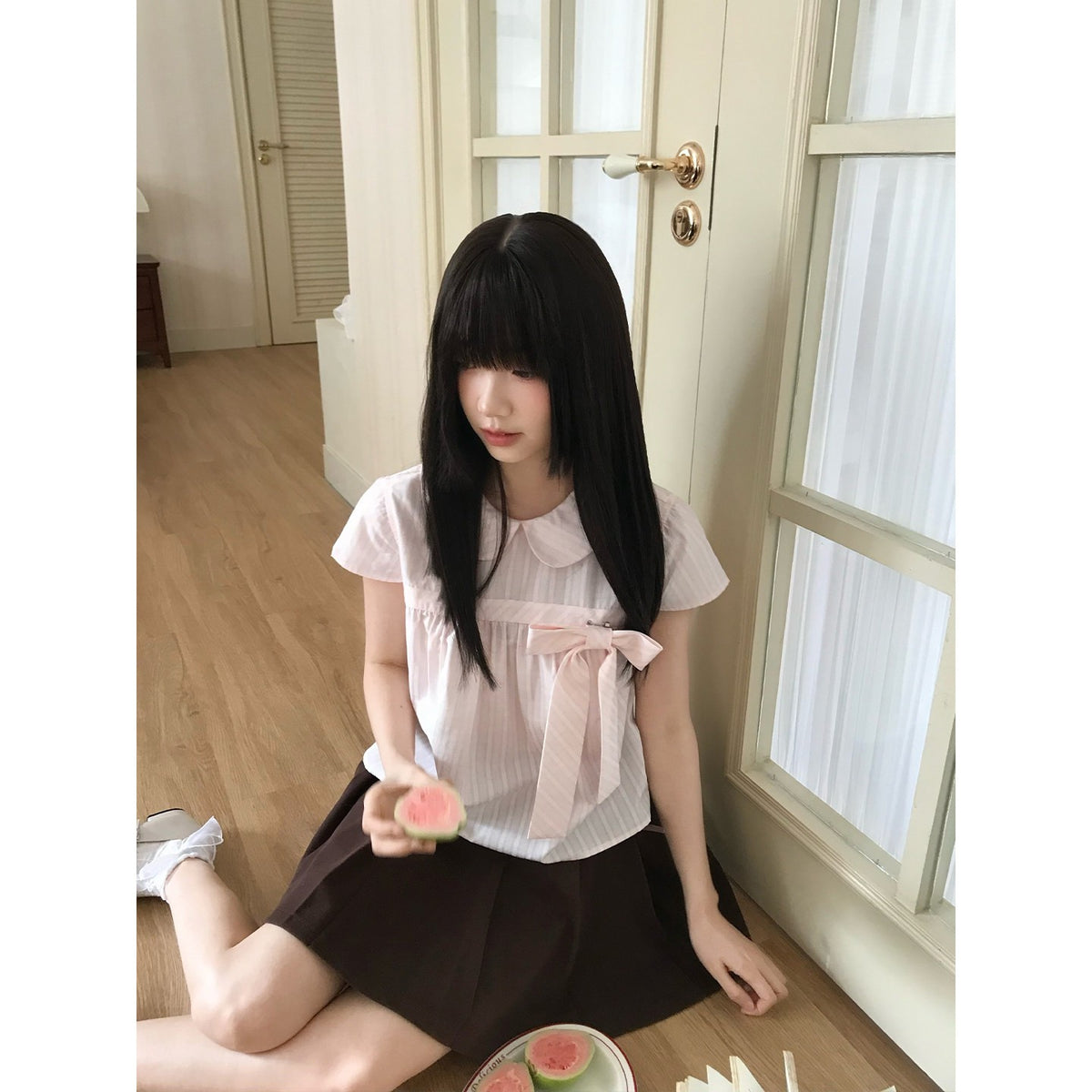Sweet Bow Lace Doll Collar Puff Sleeve Dress LAL0225