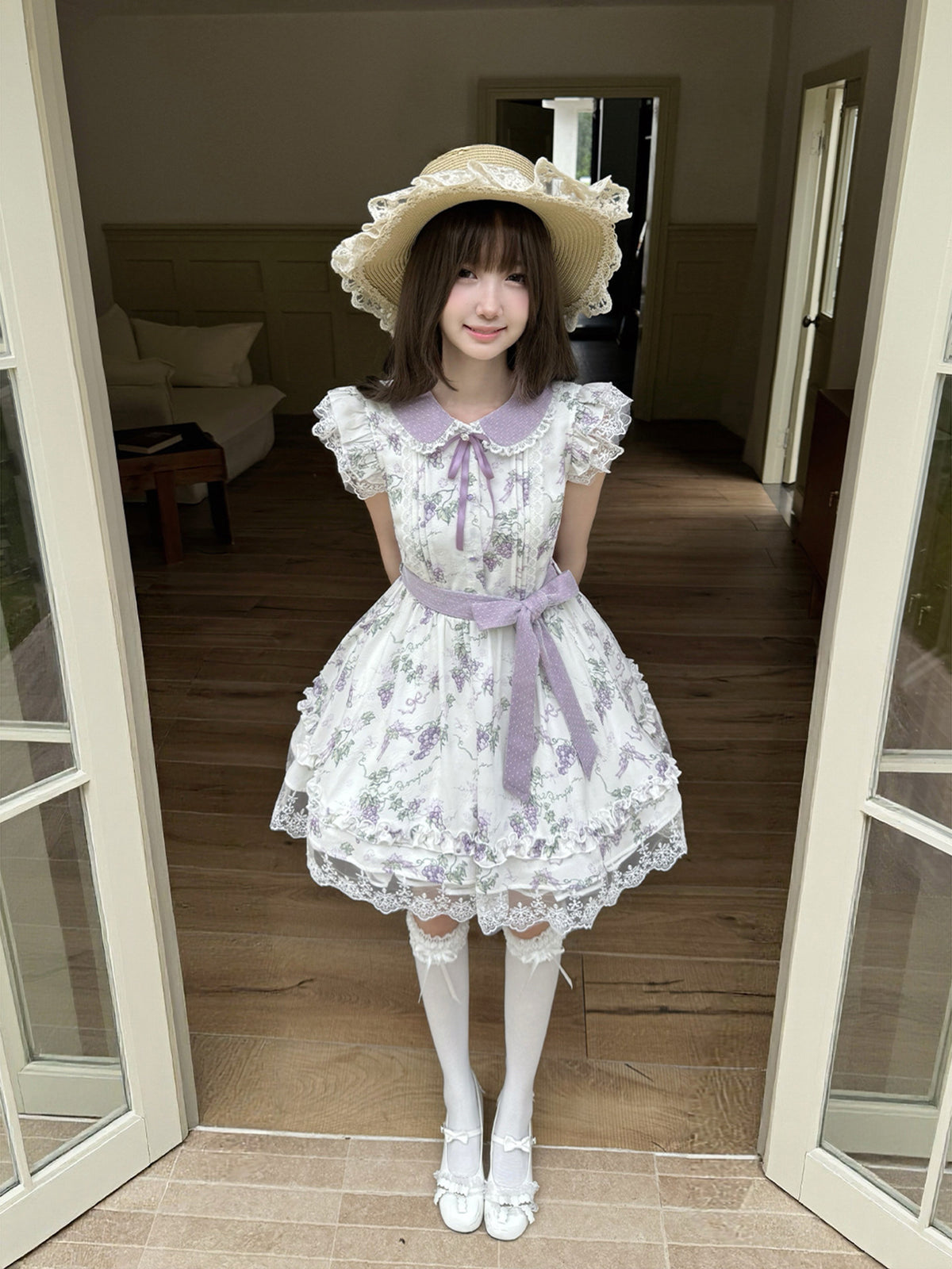 Grape Floral Doll Collar Lace Hem Dress LAL0228