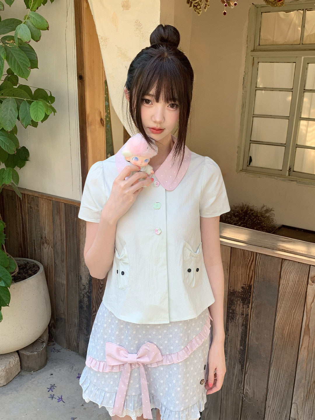 Mint Peter Pan Collar Cat Pocket Blouse LAL0182