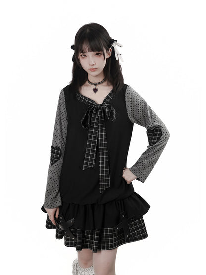 Plaid Puff Sleeve Gothic Tiered Dress PIN0026