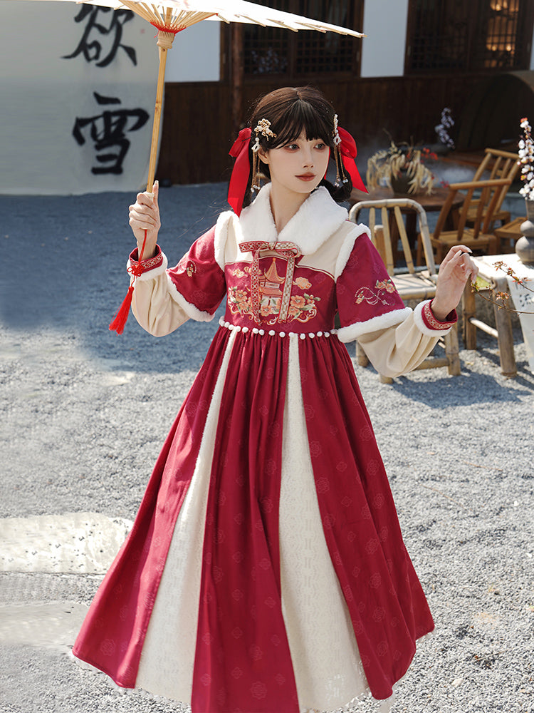 Red and White Chinese-Style Embroidery Long Dress WIT0195