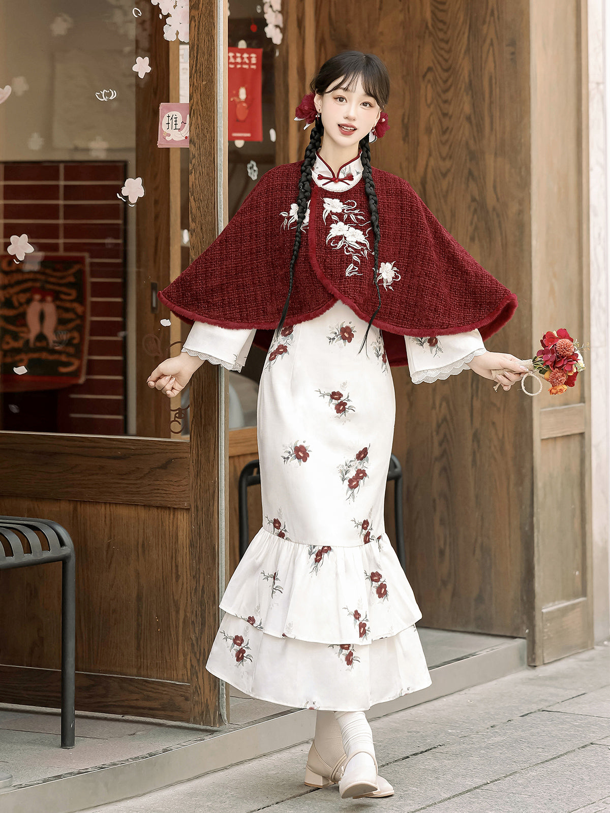 Chinese-Style Short Cape Floral Dress YOU0194