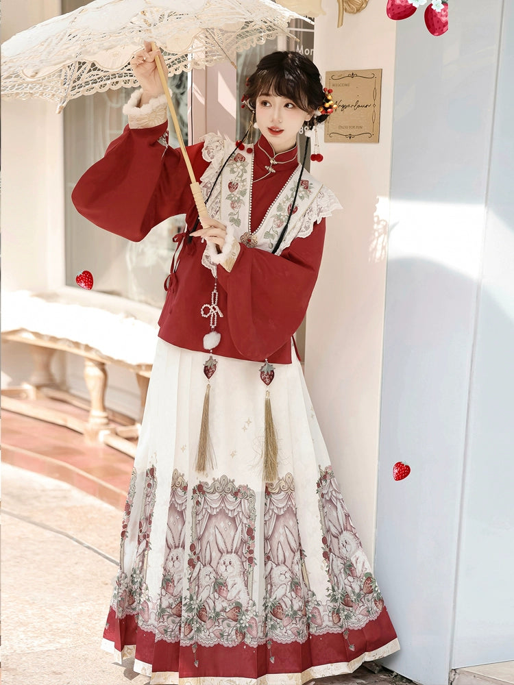 Strawberry and Bunny Chinese-Style Shawl Red Long Sleeve Dress YOU0188