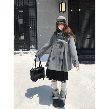 Hooded Gray Wool Coat With Pleated Skirt LAL0152