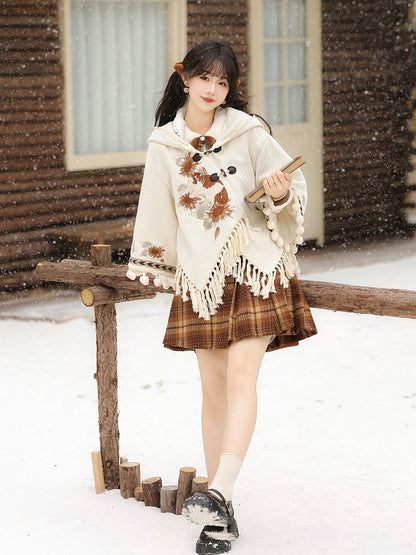 Floral Hooded Fringe Cape And Plaid Skirt Set YOU0256