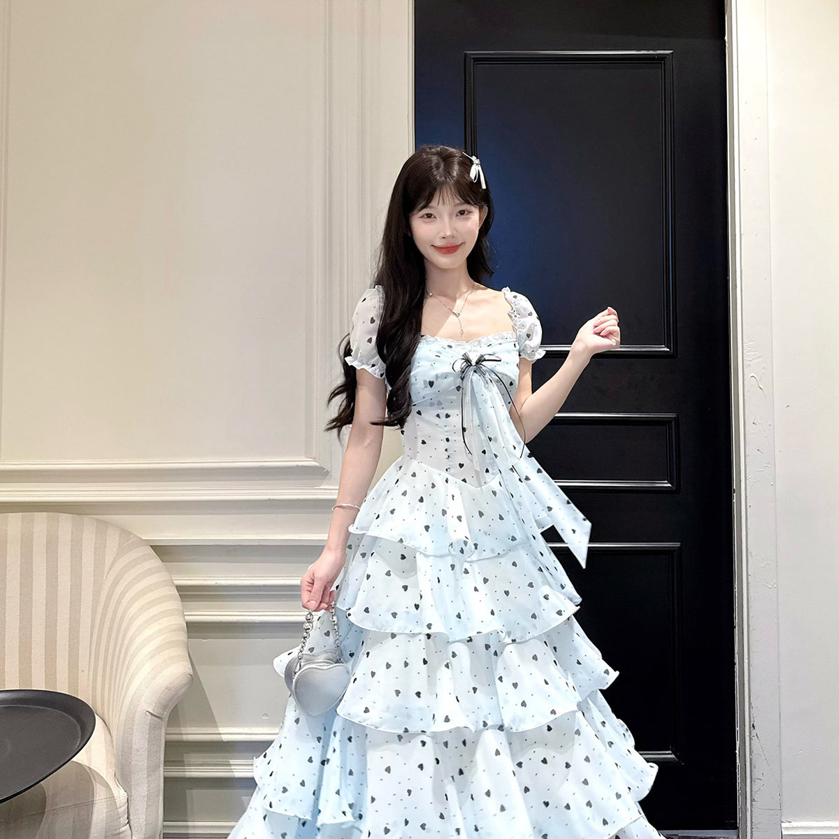 Polka Dot Square Neck Puff Sleeve Tiered Dress BEL0027