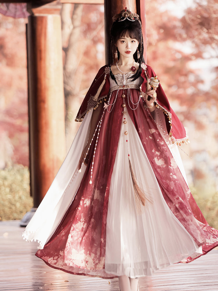 Long & Short Cape China Style Red Dress YOU0054