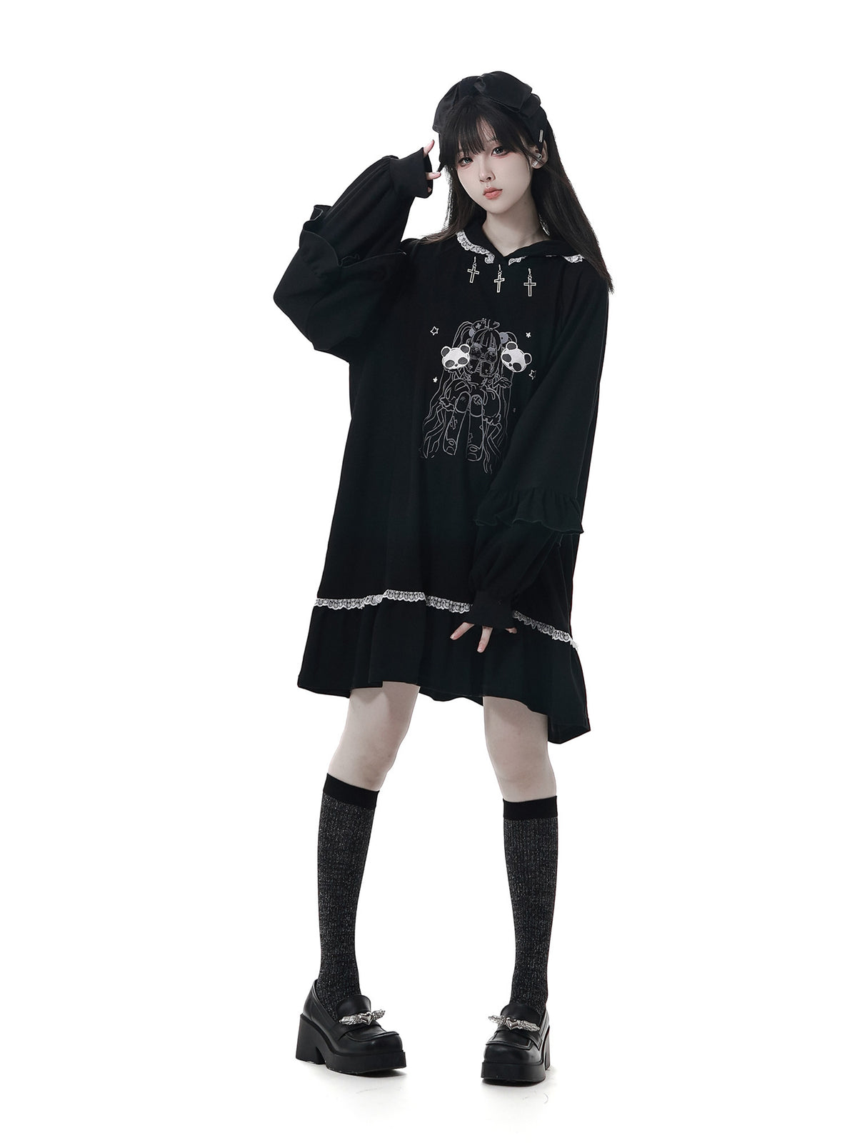Gothic Skull Print Hooded Sweatshirt Dress PIN0065