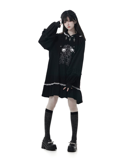 Gothic Skull Print Hooded Sweatshirt Dress PIN0065