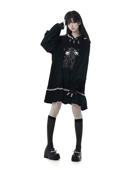 Gothic Skull Print Hooded Sweatshirt Dress PIN0065