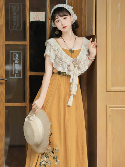 Orange Color Flower Embroidery China Style Dress YOU0041