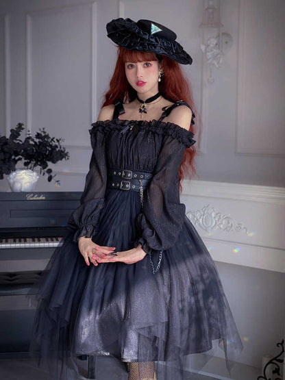 Dark Angel Goth Girl Lantern Long Sleeve One-Line Collar Dress YOU0136