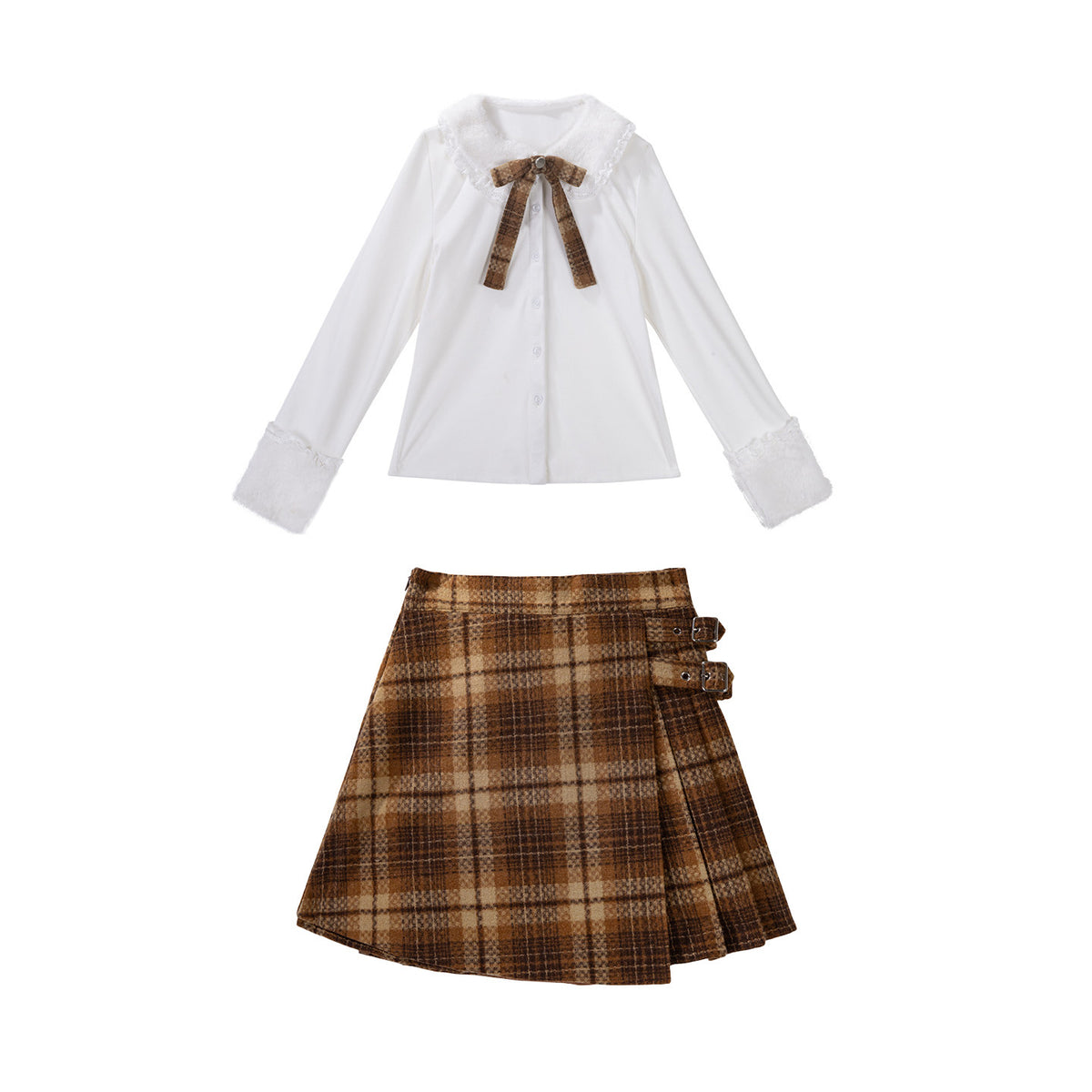 Floral Hooded Fringe Cape And Plaid Skirt Set YOU0256