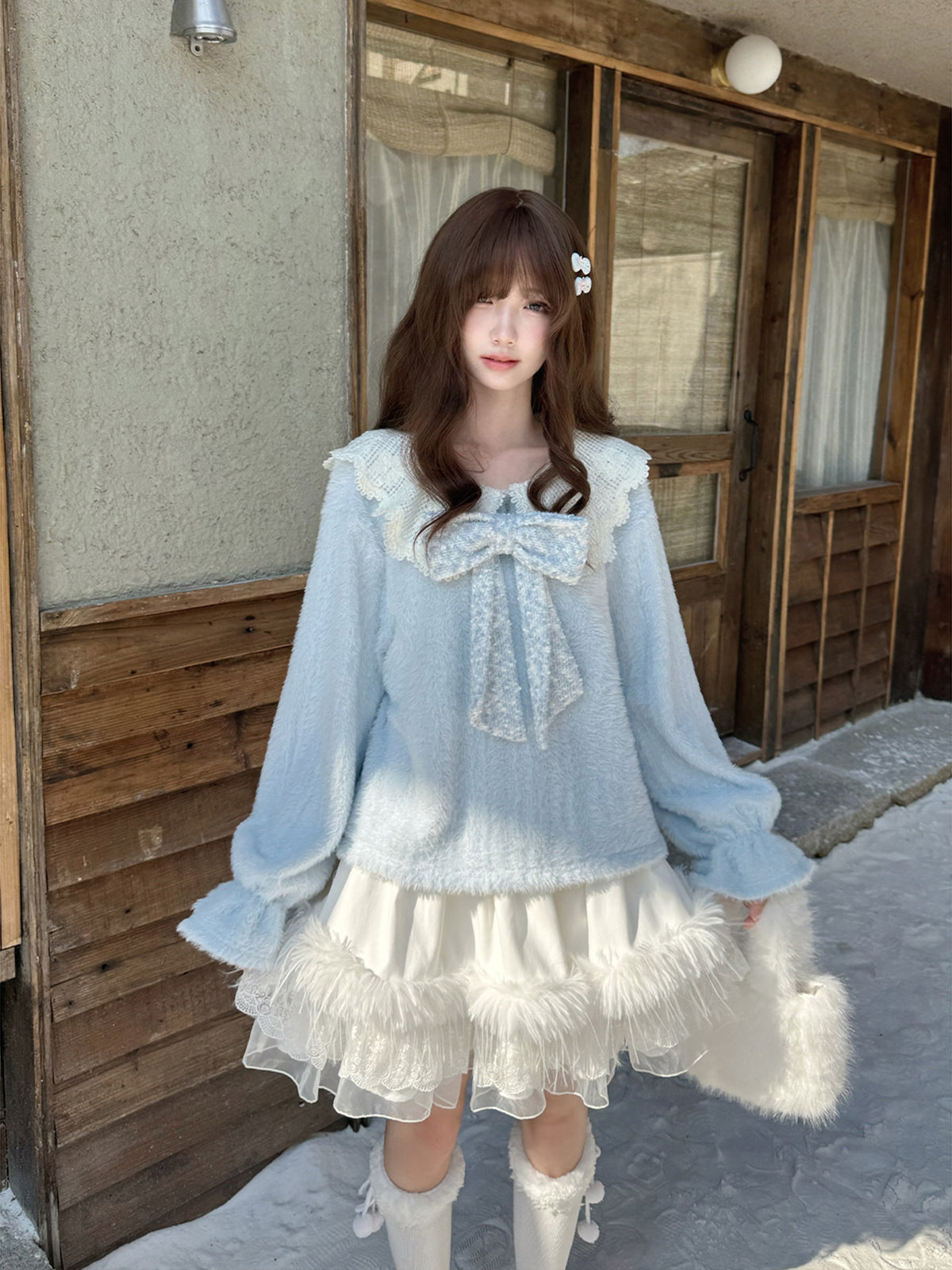 Fluffy Lace Collar Knit Sweater With Tiered Skirt LAL0154