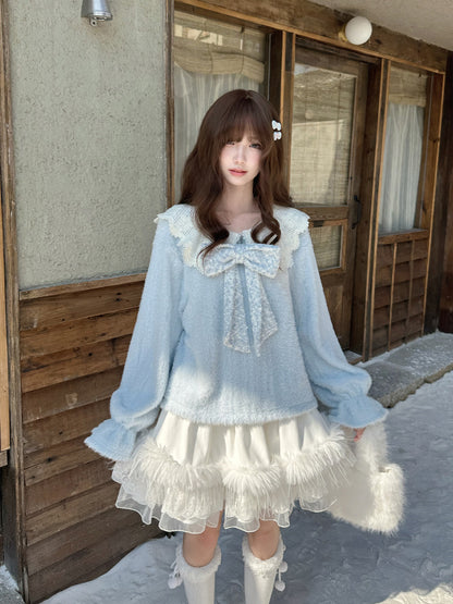 Fluffy Lace Collar Knit Sweater With Tiered Skirt LAL0154
