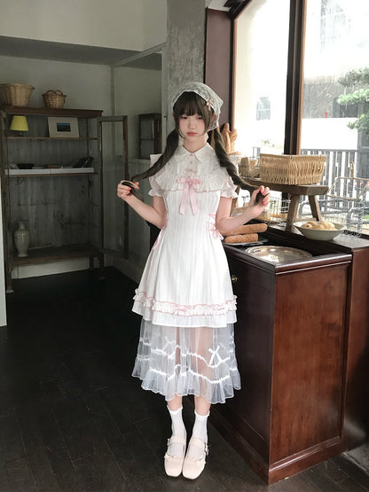 Ivory Pinstripe Ruffle Lolita Dress With Ribbon LAL0183