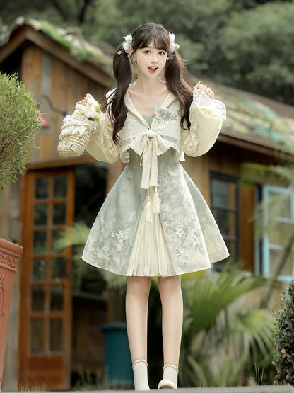 Chinese Style Hooded Top And Floral Dress Set YOU0313