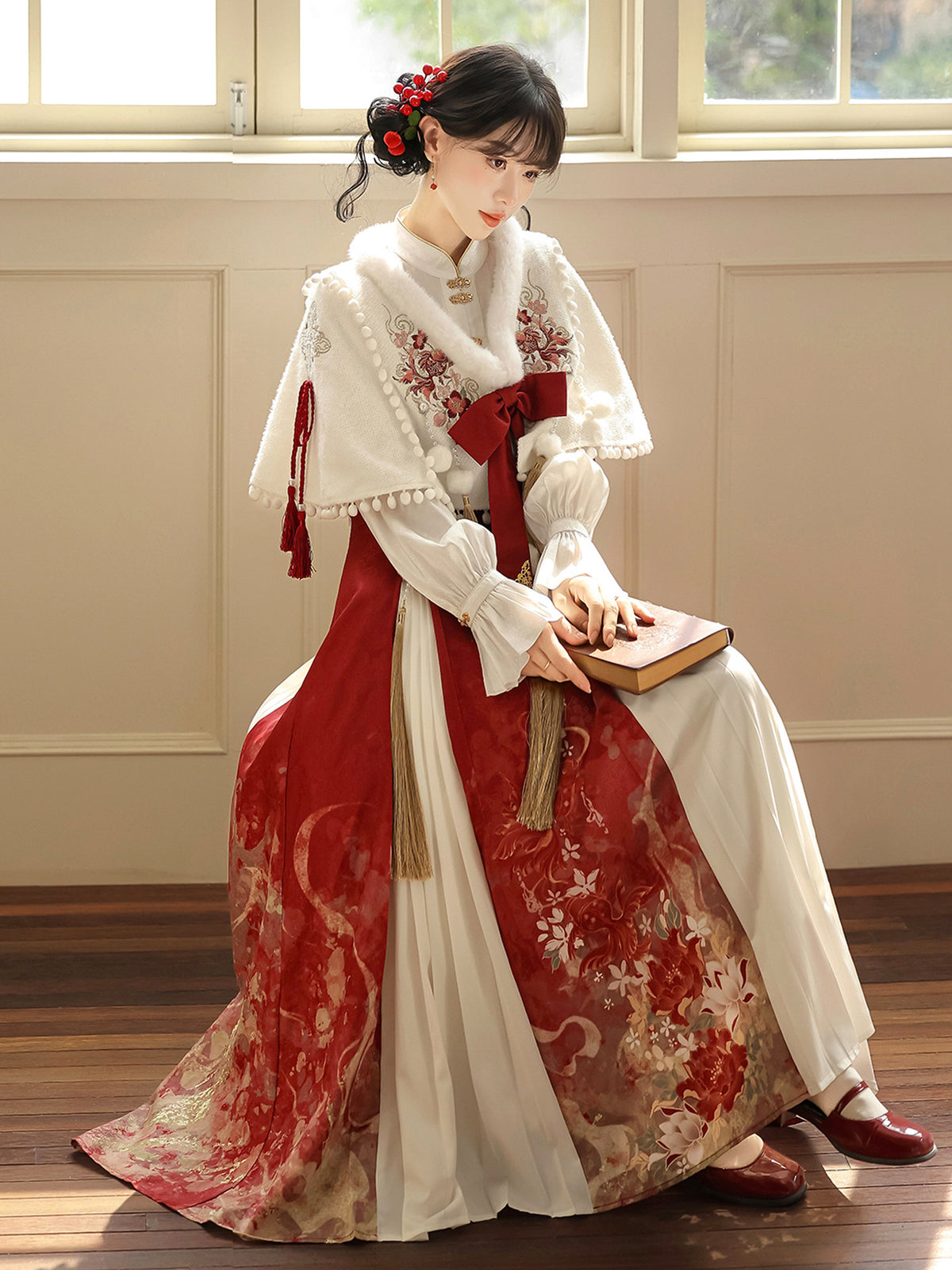Chinese Style Floral Shirt Skirt And Cape Set YOU0325