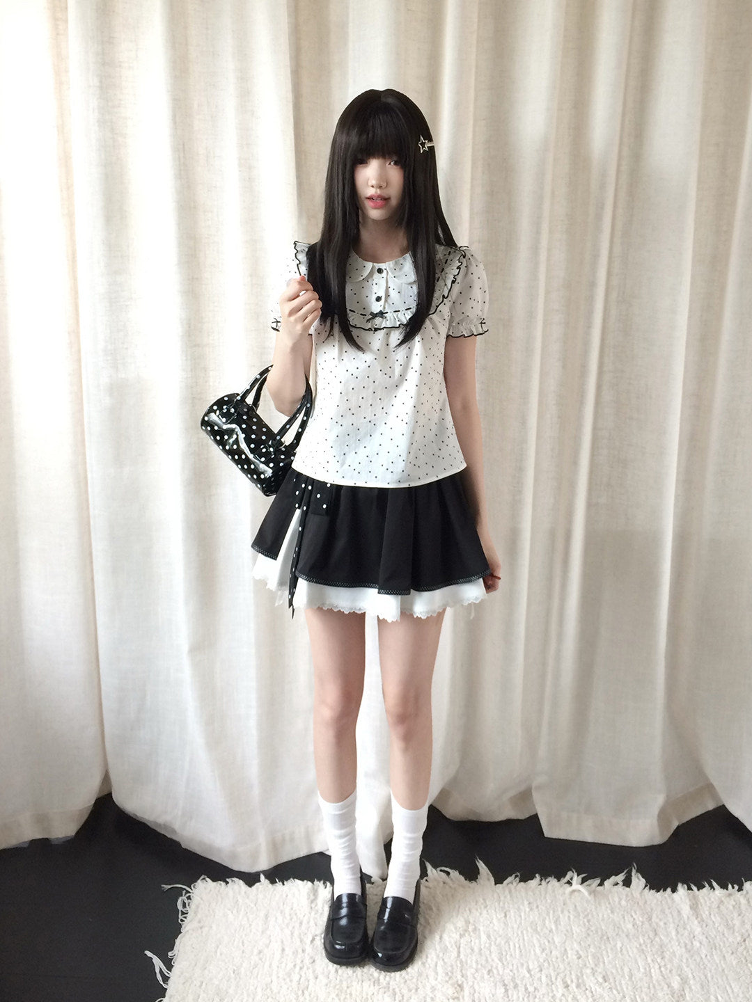 Polka Dot Doll Collar Ruffle Blouse LAL0179