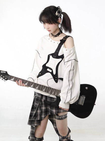 Guitar Style Off-shoulder shirt & Check skirt PIN0018