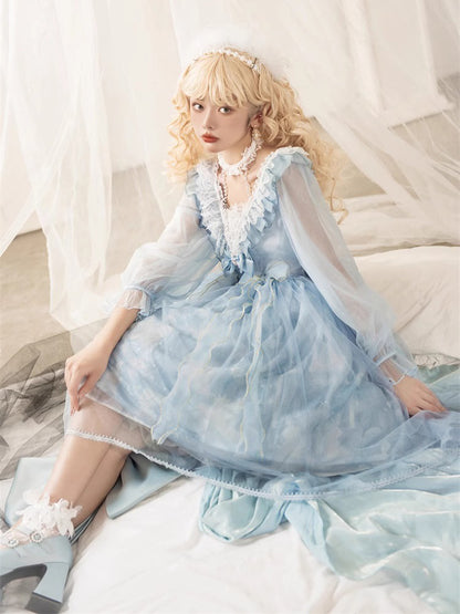 Light Blue or Black High Waist Lace Lolita Dress YOU0040