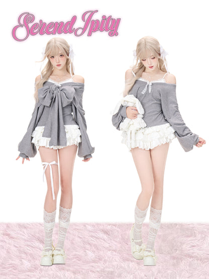 Big Bow Off-Shoulder Sweater With Tiered Skirt SER0154