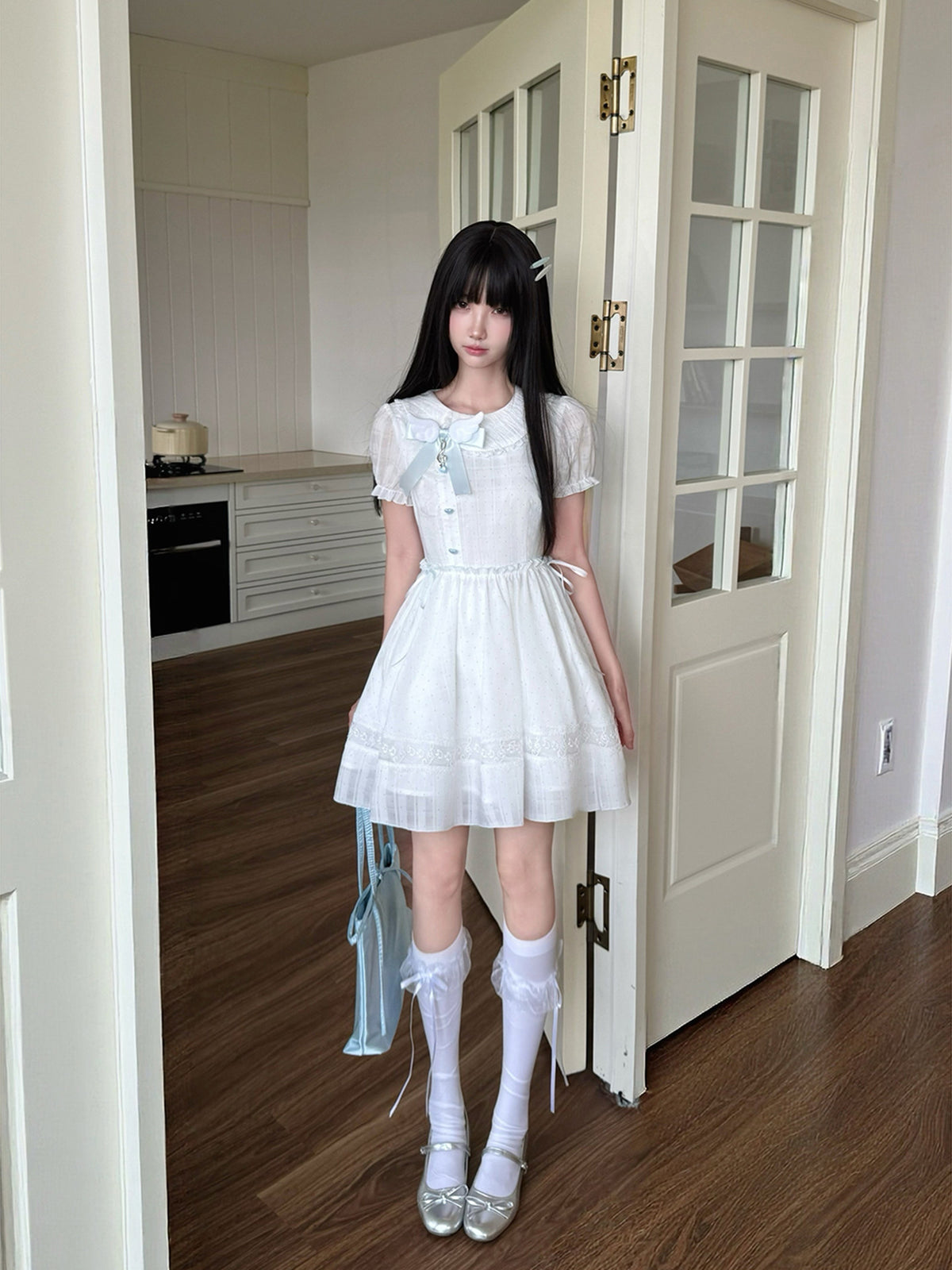 Sweet Polka Dot Puff Sleeve Lace Dress LAL0217