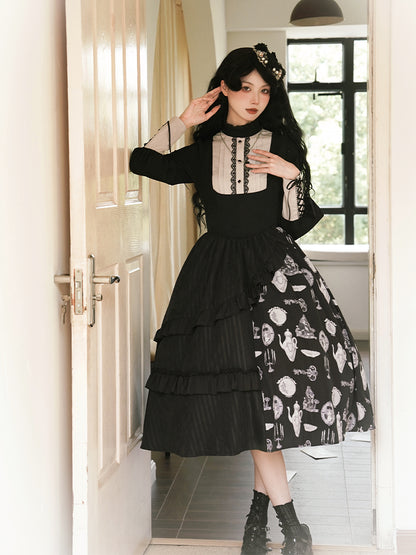 Asymmetry Frill Tiered Black Lolita Dress WIT0142